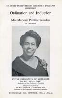 Black and white scan of the cover of a pamphlet for Madge Saunders ordination, 1966.