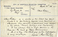 Scan of a testimonial for Albert Bottom, pupil at Pye Bank Primary School.