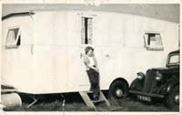 Black and white photograph of the Boam family caravan.