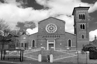 Black and white photograph of the exterior of St Catherines Roman Catholic Church