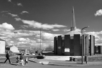 Black and white photograph of the exterior of St Peters Anglican church 