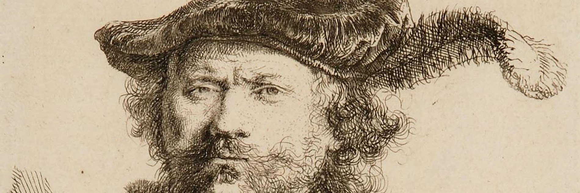 A drawing of a bearded man in 17th century dress. He wear a cloth cap with a feather in it and a jacket with a ruffed collar.