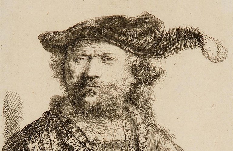 A drawing of a bearded man in 17th century dress. He wear a cloth cap with a feather in it and a jacket with a ruffed collar.