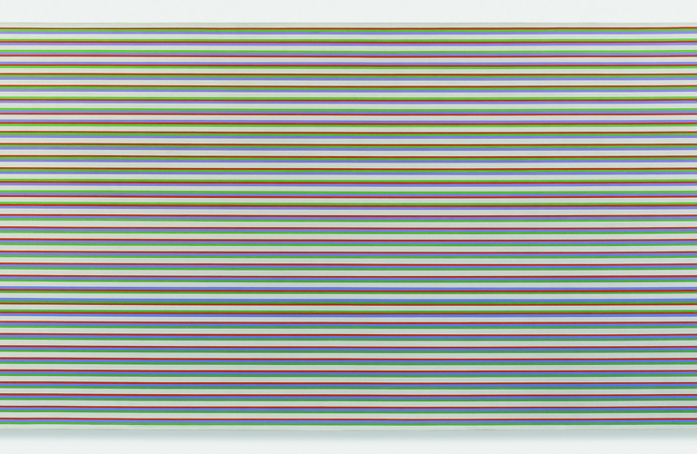 An abstract oil painting of irregularly repeating horizontal lines in cream, green, lilac and orange.