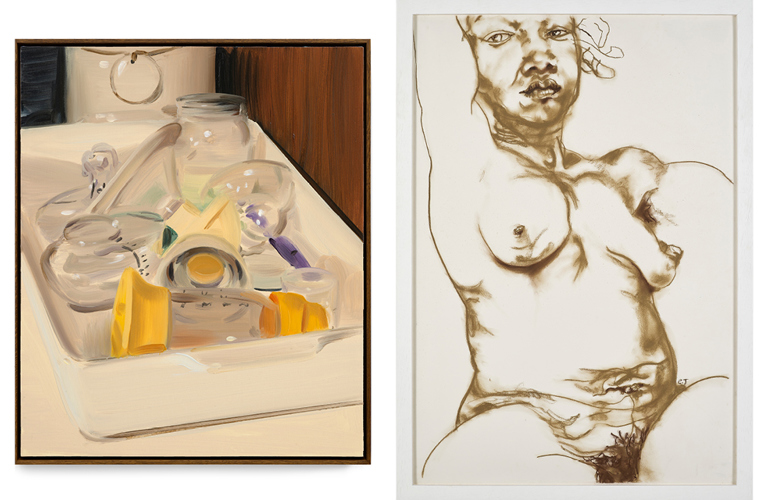 A series of images from the exhibition. One collage of a woman on top of a washing machine, a painting of baby bottles being washed in a sink, one nude sketch of a female, and one photograph of a woman preparing for birth.