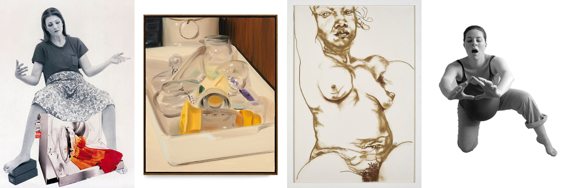 A series of images from the exhibition. One collage of a woman on top of a washing machine, a painting of baby bottles being washed in a sink, one nude sketch of a female, and one photograph of a woman preparing for birth.