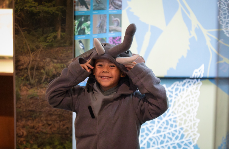 A photograph of a young boy wearing a grey elephant onesie, smiling towards the camera