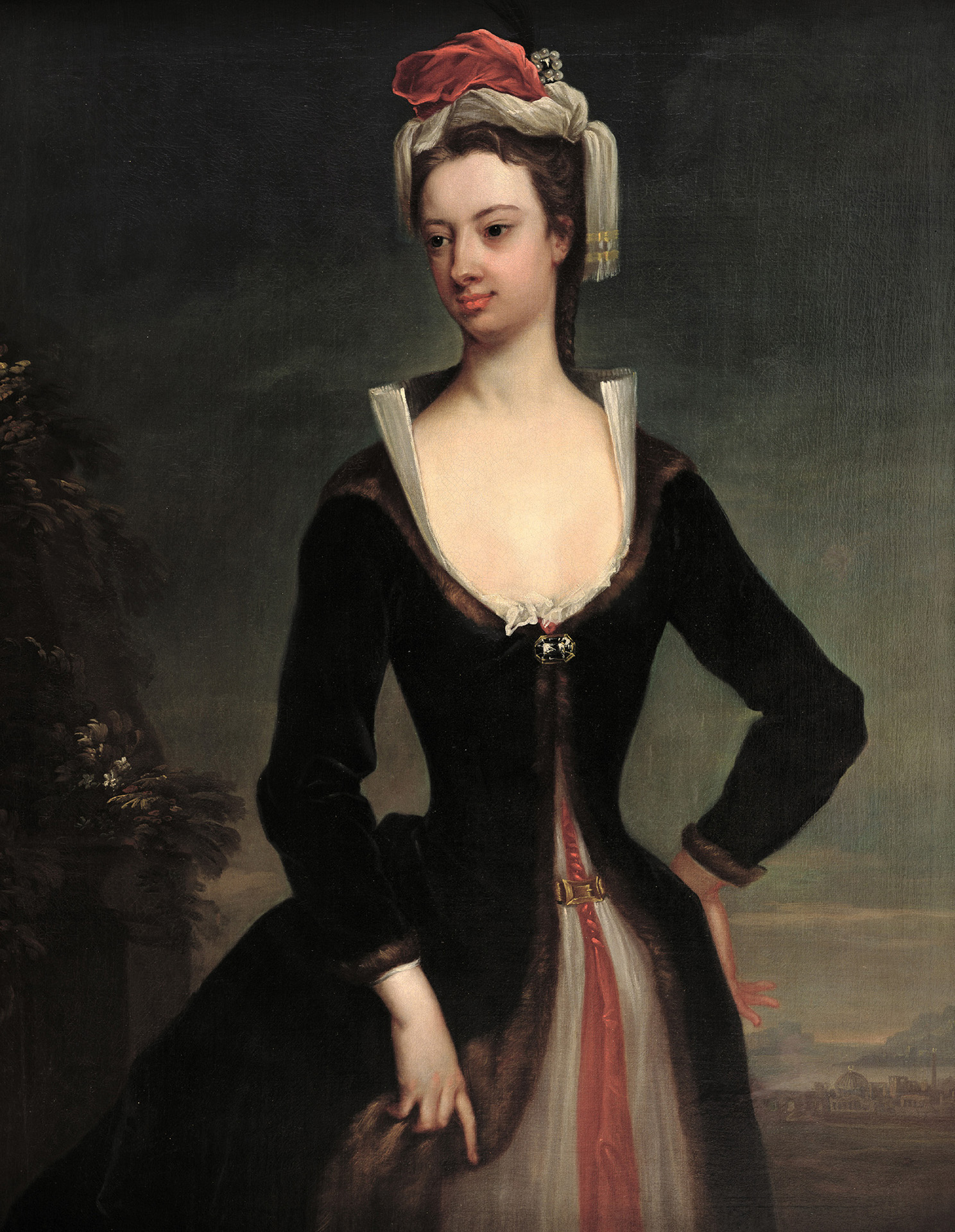 An oil portrait featuring the subject wearing a black dress and red and white headdress set against a background of a dark sky with some architectural detail in the distance.