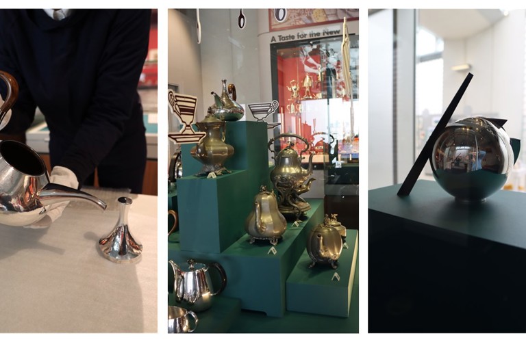 Three photographs showing different tea pots in Millennium Gallery.