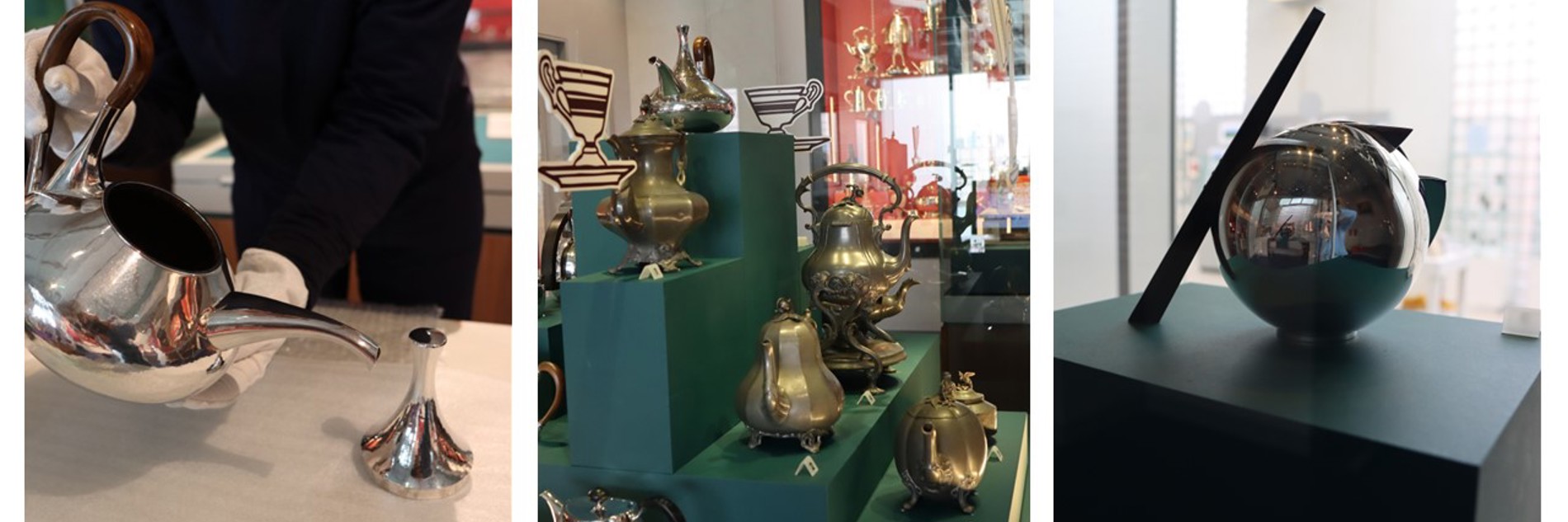 Three photographs showing different tea pots in Millennium Gallery.