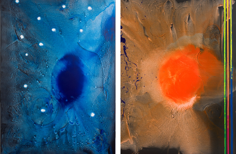 A composite image of two John Hoyland works.

Left. Night Sky, a predominately blue work, with aqua blue background that fades to navy along the edges. There is a large, darker blue oval in the centre and then small white circles (like stars) scattered around the image.

Right. Souvenir for Patrick Caulfield, a predominately orange work. The back ground is an orange wash over black or brown paint. There is a large, bright orange blob just right of centre. 