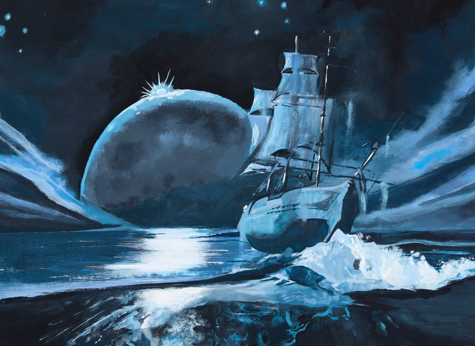 A painting of a large ship with sails on the sea at night. There is a large moon in the centre of the image. The whole image is painted in tones of blue, black, white and grey.