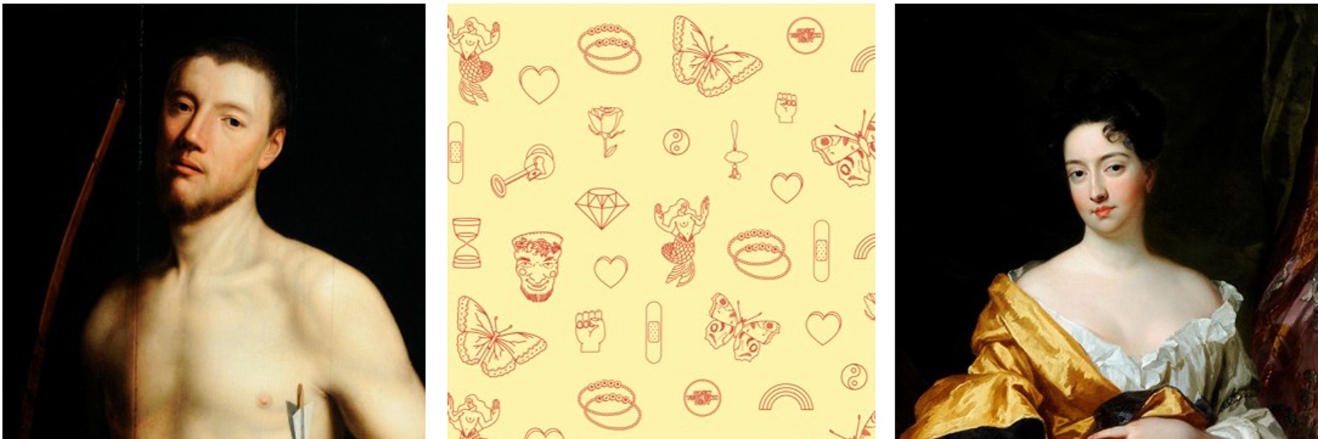 3 images (L-R): A painting of an man with a naked torso holding a bow and arrow; An illustration of objects and themes from the display including a butterfly, heart and rainbow; A painting of an woman wearing a gold and cream dress 