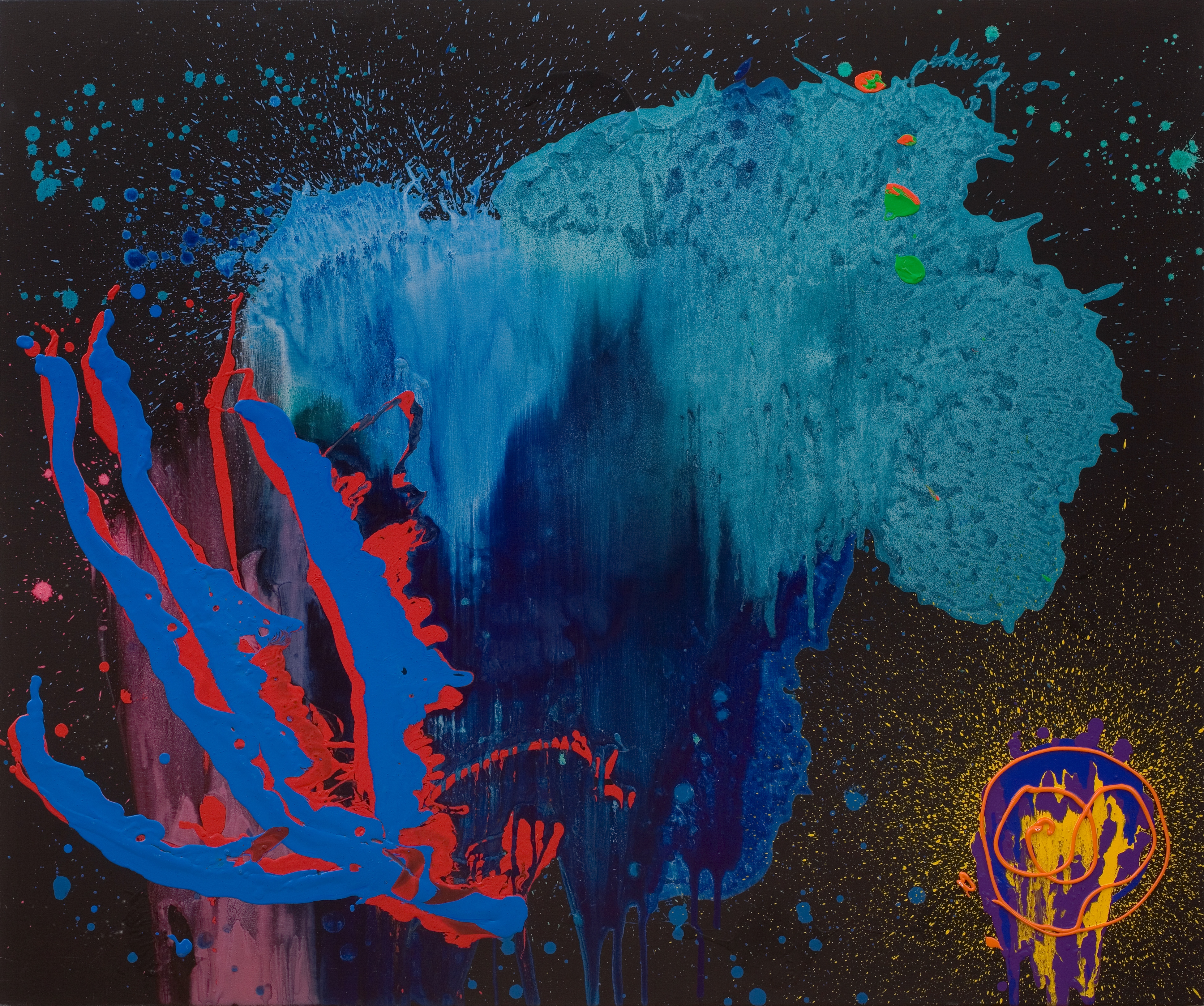 A large abstract painting with a predominately dark brown background. In the centre there is a large blue blob, that darkens to navy towards the bottom. Overlapping that at the bottom left are splatted lines of thick red and blue paint. In the bottom right, there is a circular spray of yellow paint, overlapped with thicker paint in purple, blue and yellow. There is swirling, thin orange linework on top of that. Sprays and splashes of all the colours used are visible over the entire canvas. 