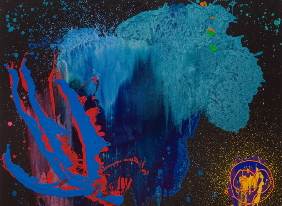 A large abstract painting with a predominately dark brown background. In the centre there is a large blue blob, that darkens to navy towards the bottom. Overlapping that at the bottom left are splatted lines of thick red and blue paint. In the bottom right, there is a circular spray of yellow paint, overlapped with thicker paint in purple, blue and yellow. There is swirling, thin orange linework on top of that. Sprays and splashes of all the colours used are visible over the entire canvas. 