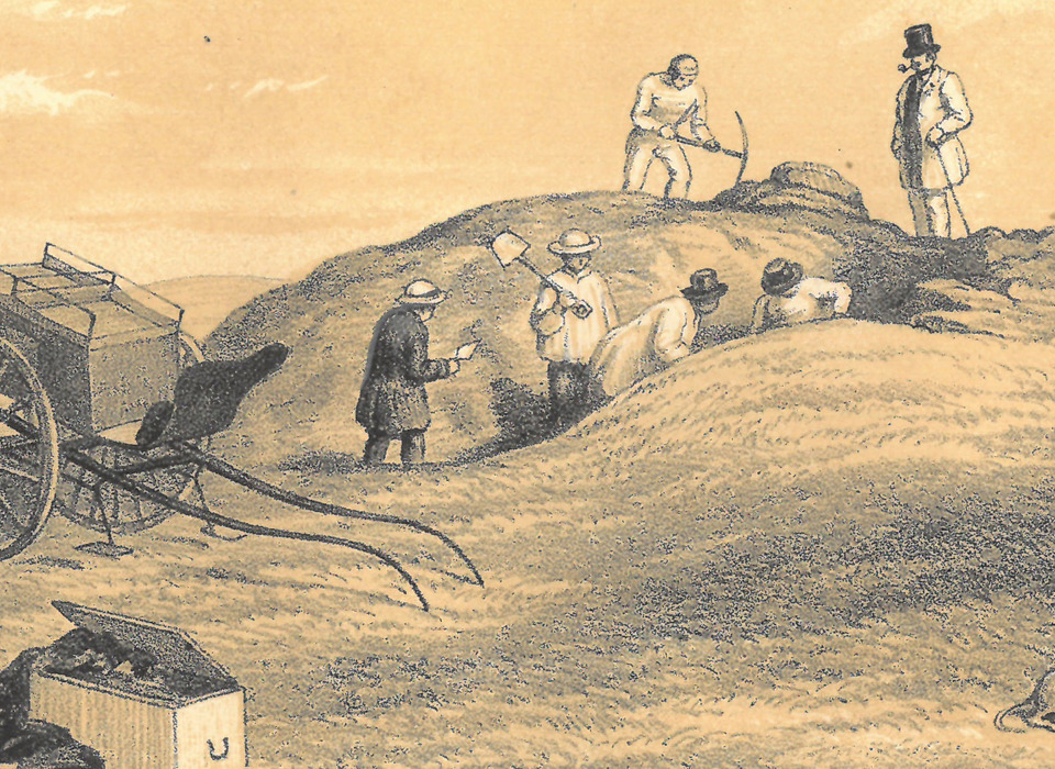 A sketch of barrow diggers. There is a large cart on the left, barrow diggers in the centre, and a smartly dressed overseer looking down at them from a top a hill on the right of the image. A small dog lies on the ground at the bottom right. 