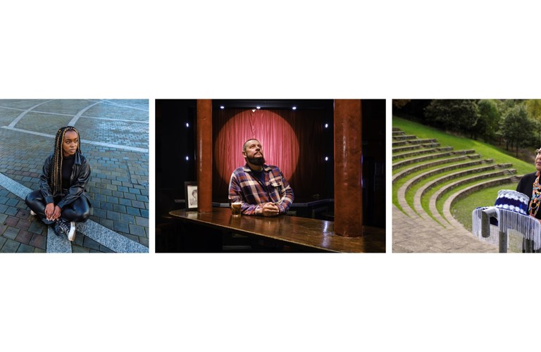 A composite image of three photographs by Jeremy Abrahams. From left to right. The first photograph is of a young, black woman wearing a black leather jacket and leggings, black converse trainers and a black top. She has long braided hair in shades of black and blonde. She sits cross legged on the paved ground. She sits at the intersection of two decorative curving lines in the paved design. She is looking out to the right of the photograph at something unknown in the distance. 

The second (middle) photograph shows a white man sat with his hands clasped on top of a bar. He has full beard and is wearing a red plaid shirt. Two columns extend from the bar to the top of the image. Tucked behind one is a framed school photograph that looks around twenty years old. Behind him there is a red stage curtain with a spotlight shining on it. The man is looking up and right out of the frame. 

The final photograph shows a black woman with short black hair wearing a black top. She is stood outside at the bottom of a set of curved, grassy, stone steps. She is holding a blue hat with white/silver fringing around the brim. She wears a large beaded necklace and wire frame glasses. She is stood on the right of the image, looking out at something in the distance on the left. 
