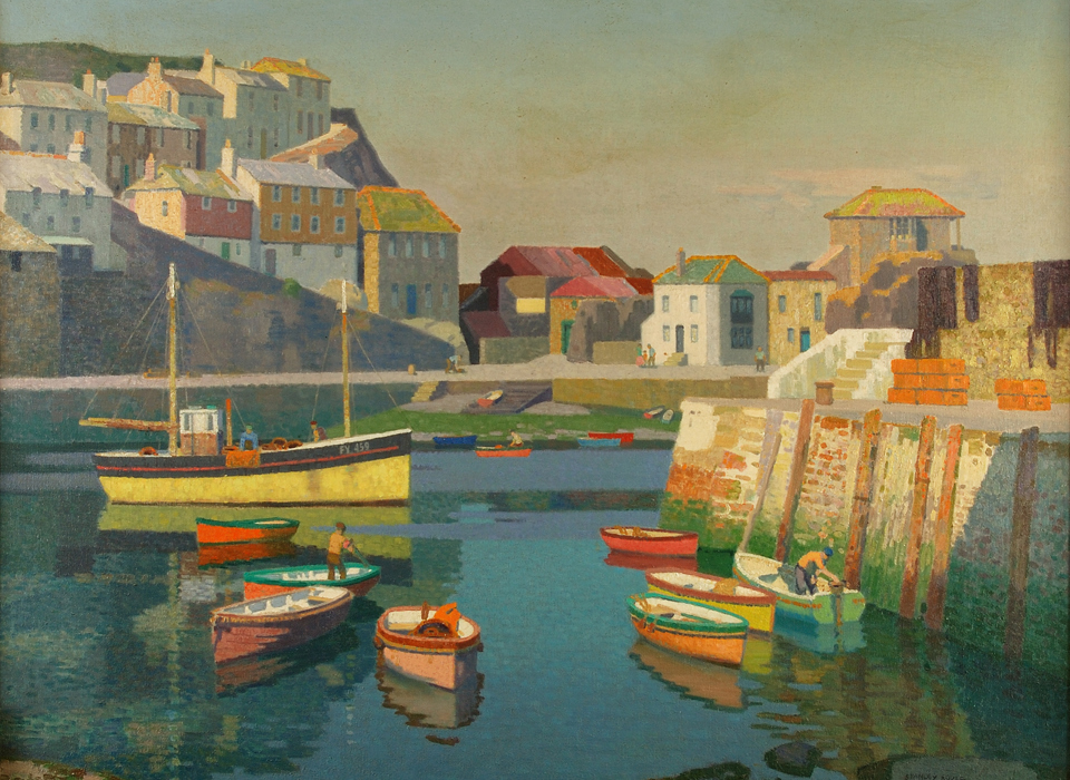 A brightly coloured painting of a harbour, with lots of houses up the coast and small boats in the bay.