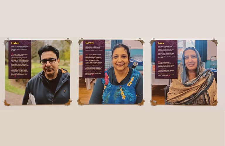 Three panels on a wall, showing three people of South Asian heritage, along with their stories.