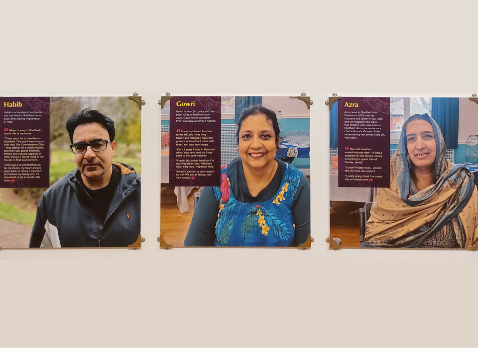 Three panels on a wall, showing three people of South Asian heritage, along with their stories.