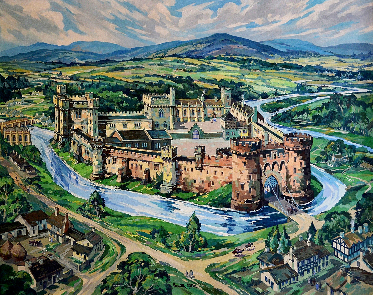 A painting of a castle consisting of several buildings and courtyard areas. There is a turreted gatehouse and drawbridge and a river winds around the castle walls and into the distance. Several houses, figures and horses can be seen in the forefront of the painting and hills and peaks in the background.