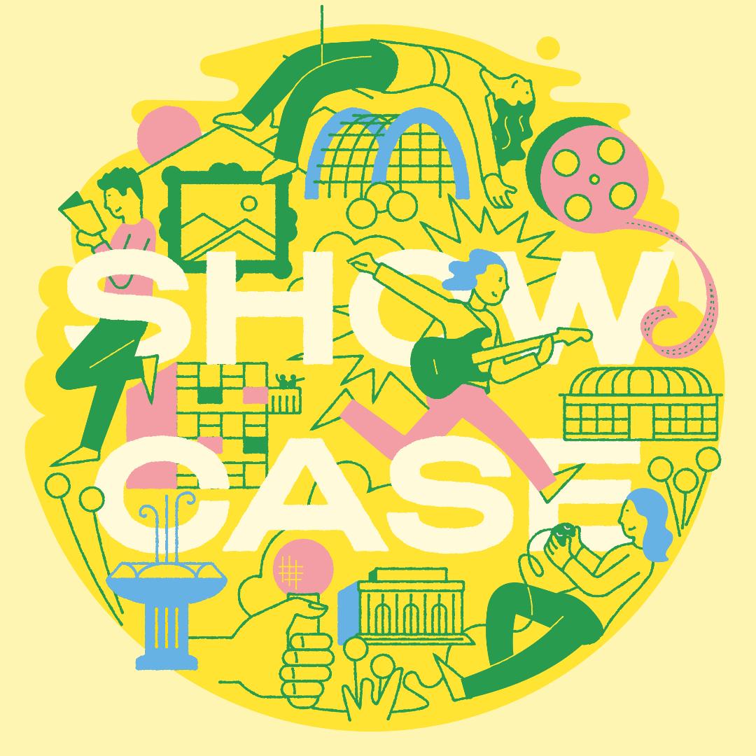 An circular logo in yellow, green, pink and white. The word "SHOWCASE" is in large white font in the middle of the circle, surrounding by illustrations including buildings, objects and people. 