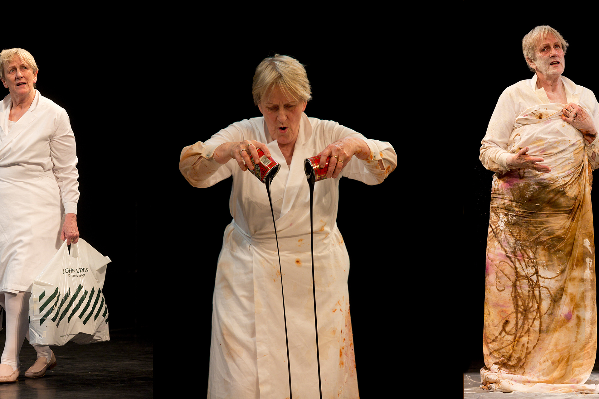 A montage photograph of an adult in different poses: carrying a shopping bag, pouring out treacle, and looking at the camera whilst wearing a sheet. 