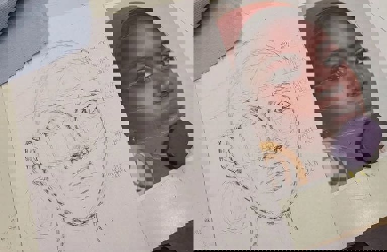 A photograph showing a photograph of a woman and a pencil sketch of the same image with gridlines and pencil annotations. 