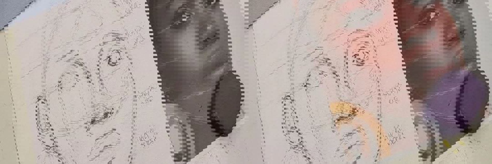 A photograph showing a photograph of a woman and a pencil sketch of the same image with gridlines and pencil annotations. 