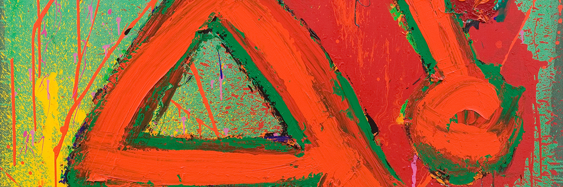 A photograph of John Hoyland's painting Arvak. Arvak has a green background. There is a spray of yellow paint on the bottom left corner. At the top left, there is a pink circular design. Most of the canvas is dedicated to an orange triangle outline, with what looks like simplistic legs and feet extending from the bottom. There is a large patch of pink/red paint underneath the orange triangle