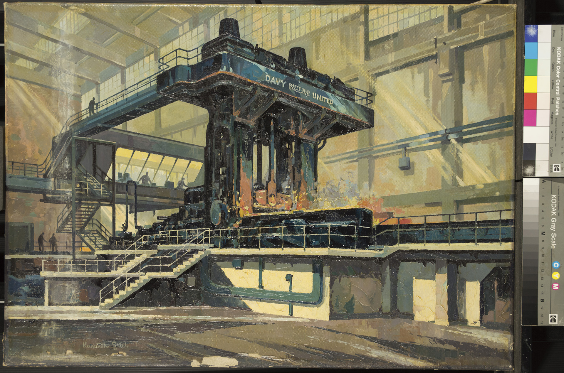 Kenneth Steel's work Davy United, Blooming and Slabbing Mill (1953) shown before conservation. A colour palette is shown alongside for comparison.