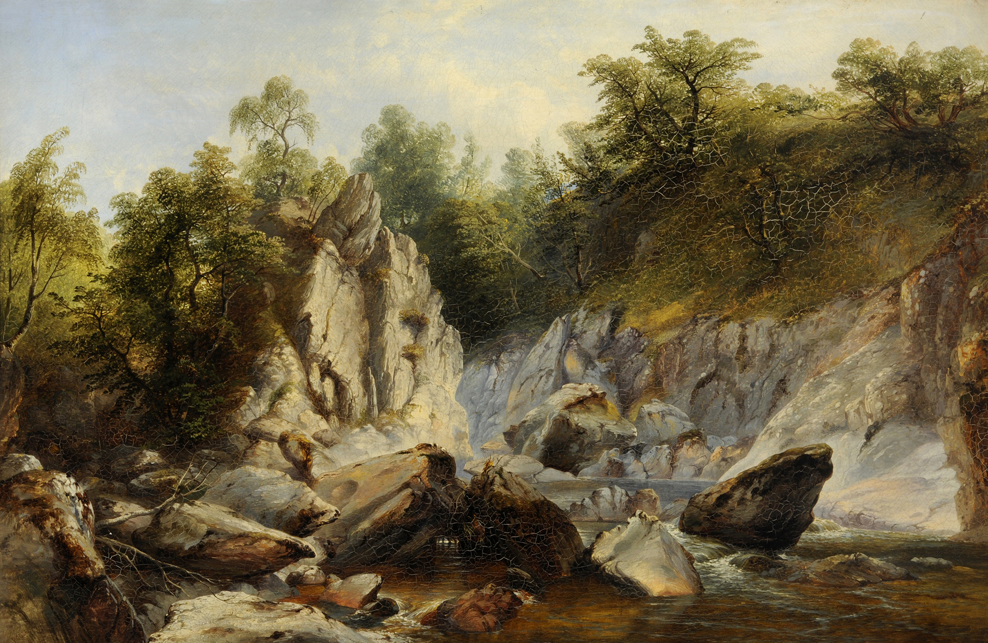 A painting of a river with steep rocky banks either side. and a hill on the right. There are trees on wither side of the river and a weir in the foreground 