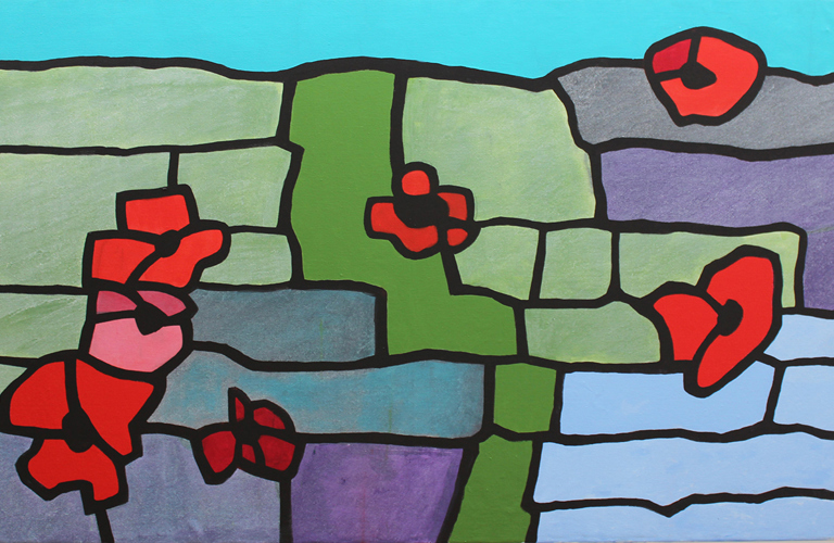 An image of Derrick Greaves' 2021 work Towards A Walled Garden 2. It depicts a garden wall. It looks like a mosaic, with thick black lines between the green, blue and purple coloured bricks. There are small red flowers over the wall, also outlined in black. A bright blue sky shows above the wall.