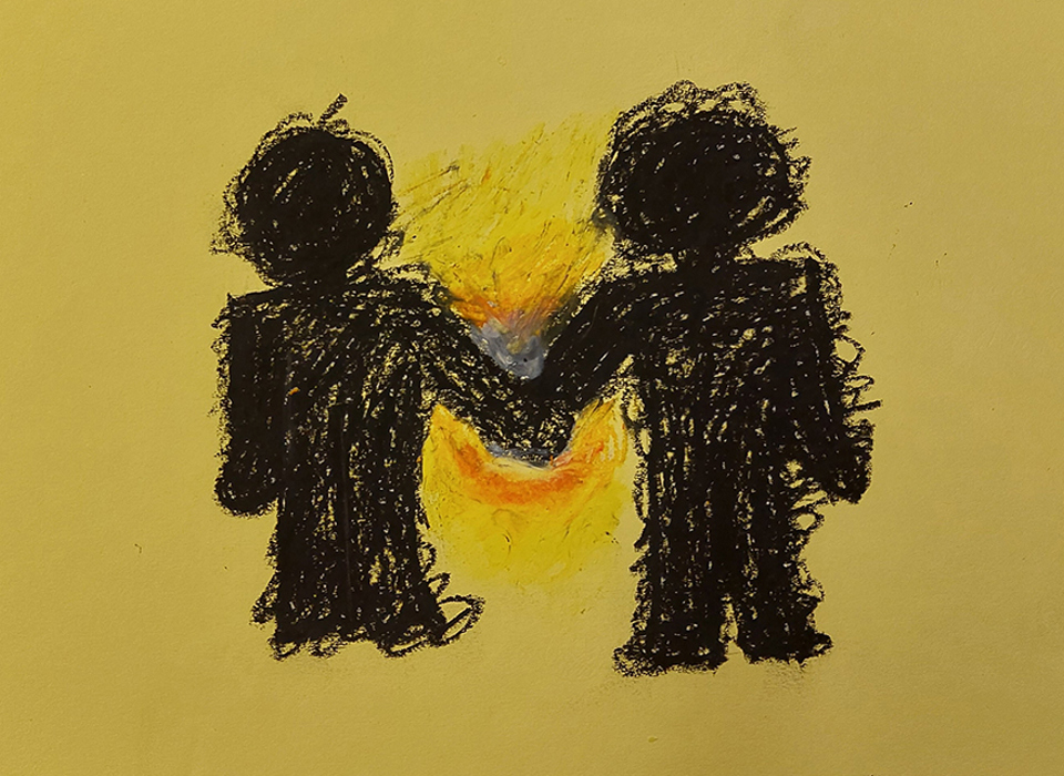 A crayon drawing on a yellow background of two figures in black silhouette holding hands. There joined hands are surrounded by yellow and orange.