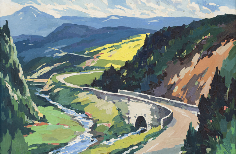 An oil painting of a colourful scene depicting a winding road over a bridge and through the hills of the Peak District. A river can be seen below the level of the road to the left of the painting.