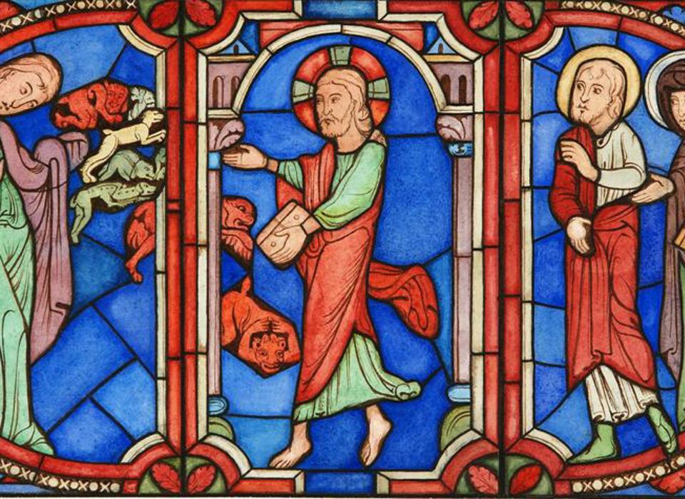 A watercolour study in blues, red and greens depicting a biblical scene featuring four figures surrounded by ornate decorative pattern.