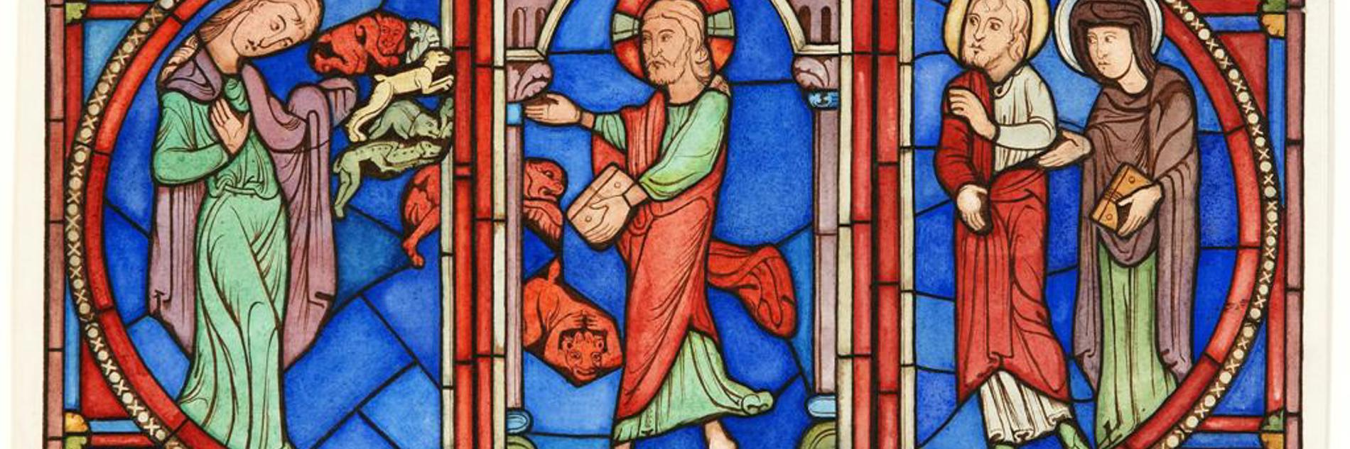 A watercolour study in blues, red and greens depicting a biblical scene featuring four figures surrounded by ornate decorative pattern.