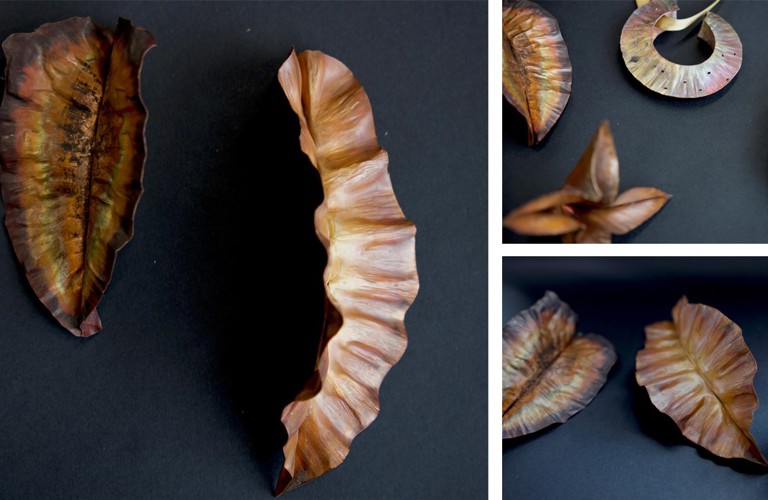 A collage of three photos showing metal worked into various leaf shapes