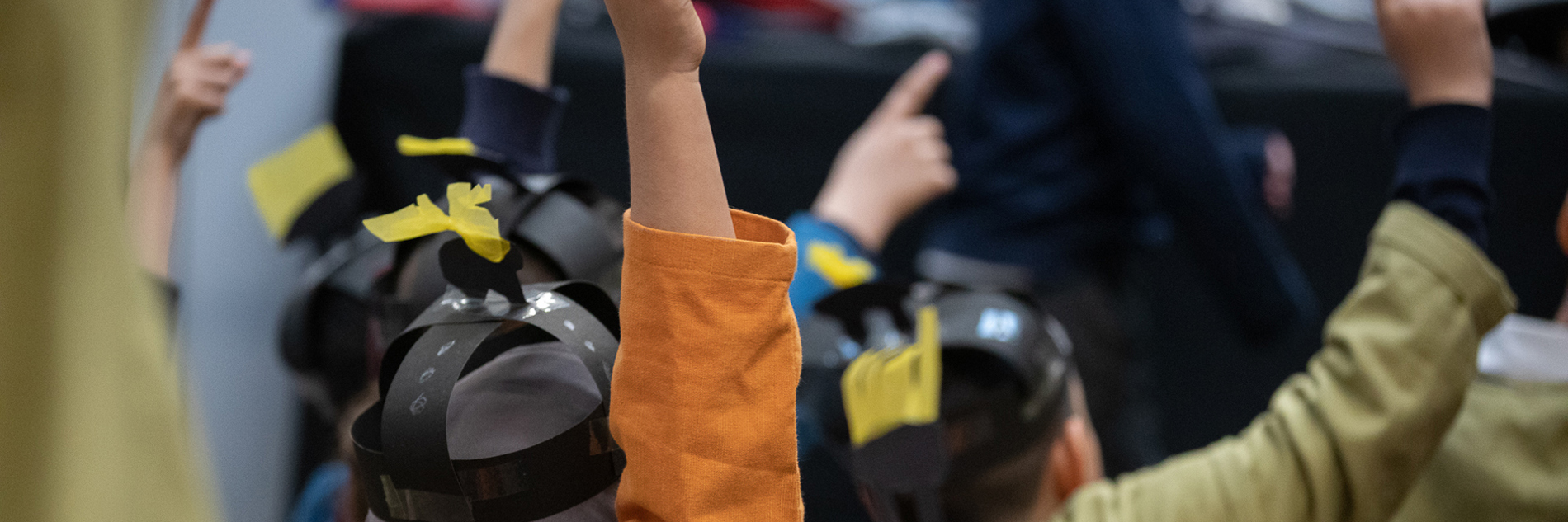A view from behind of several primary school aged children with raised hands. They are dressed as Anglo Saxons and wearing brightly coloured tunics and paper helmets.