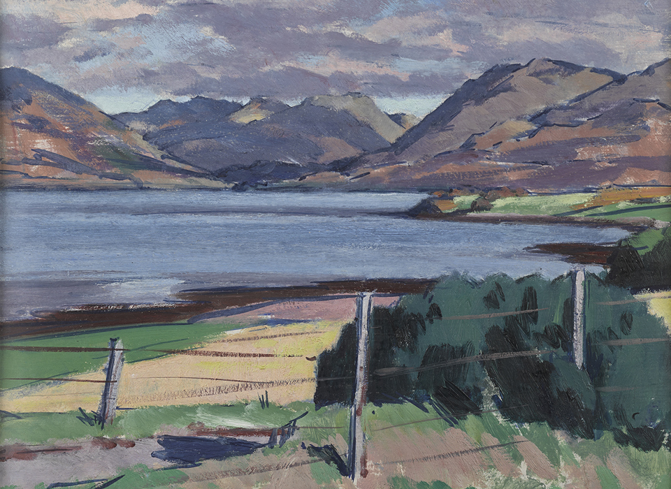 A painting of a loch and surrounding land, in green, yellow, blue and brown. In front of the lock there is grass, shrubbery and a fence, and behind the loch are mountains. 