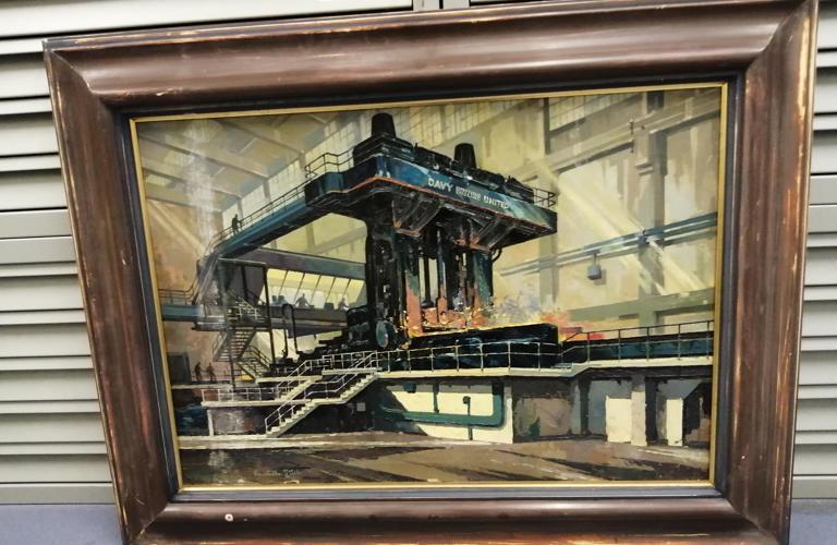 An oil painting depicting heavy industrial machinery at work. The painting is in a brown wooden frame.  