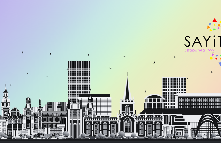 A black and white graphic of Sheffield landmarks (including the Winter Garden and the Town Hall) over a pastel rainbow gradient background. SayIt's logo is in the top right of the image, as well as the words 'established 1999'.