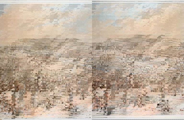 William's Ibbitt's watercolour painting South East View of Sheffield, 1854. It's a mostly sepia toned image, with a small amount of pale blue sky at the top of the image. It shows the houses and factories of Sheffield, with lots of chimneys and smoke rising above them. Three hills are shown in the background. There are some small figures depicted in the foreground, including a horse and cart, people doing stone work, children playing and people admiring the view. 