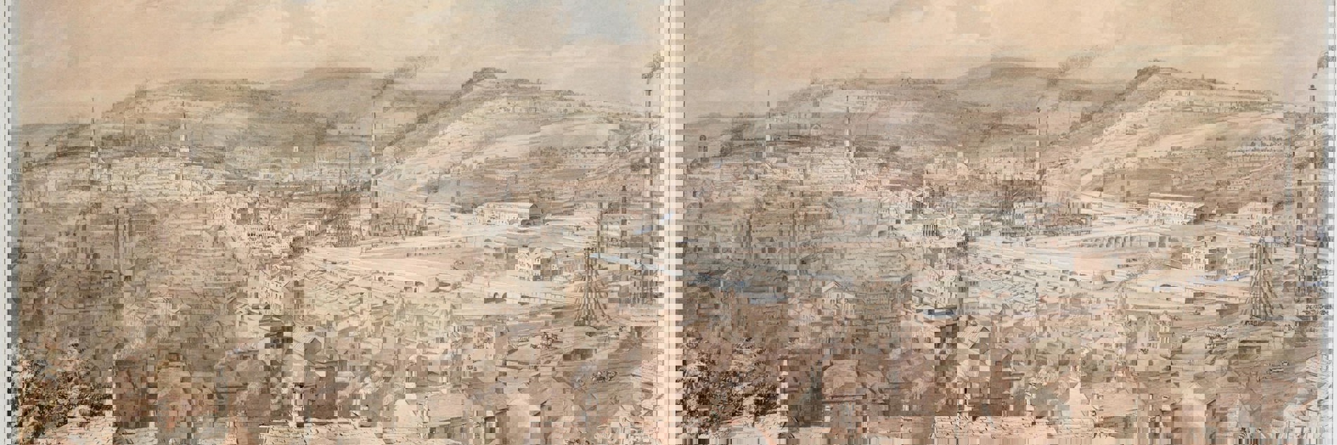 William's Ibbitt's watercolour painting South East View of Sheffield, 1854. It's a mostly sepia toned image, with a small amount of pale blue sky at the top of the image. It shows the houses and factories of Sheffield, with lots of chimneys and smoke rising above them. Three hills are shown in the background. There are some small figures depicted in the foreground, including a horse and cart, people doing stone work, children playing and people admiring the view. 