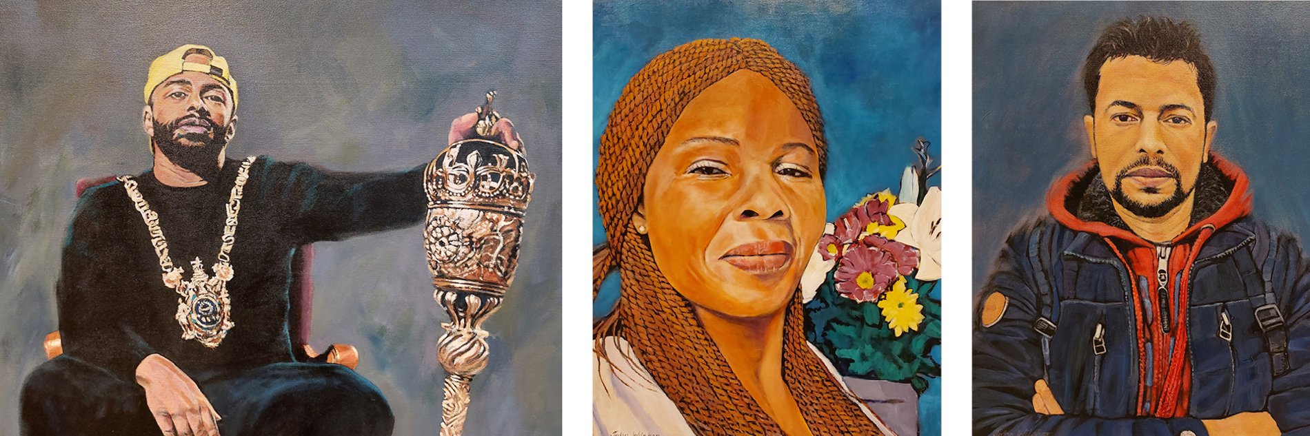 A composite image of 3 paintings (L-R) - an adult sitting on a chair wearing a gold chain and holding a large gold sceptre; a smiling adult's face and shoulders in front of a bouquet of flowers; an adult looking straight ahead with their arms folded.  