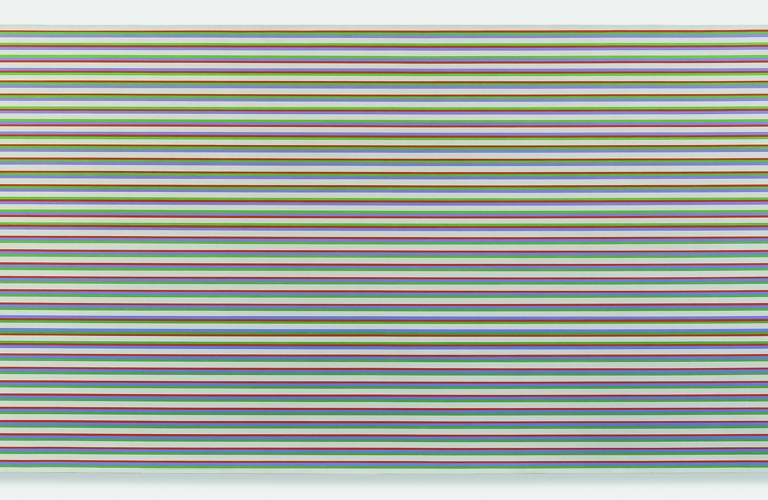 An abstract oil painting of irregularly repeating horizontal lines in cream, green, lilac and orange.