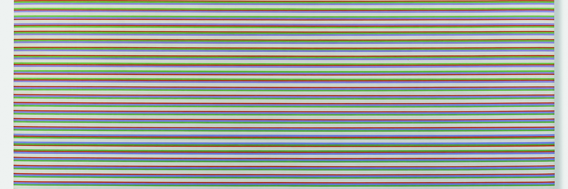 An abstract oil painting of irregularly repeating horizontal lines in cream, green, lilac and orange.