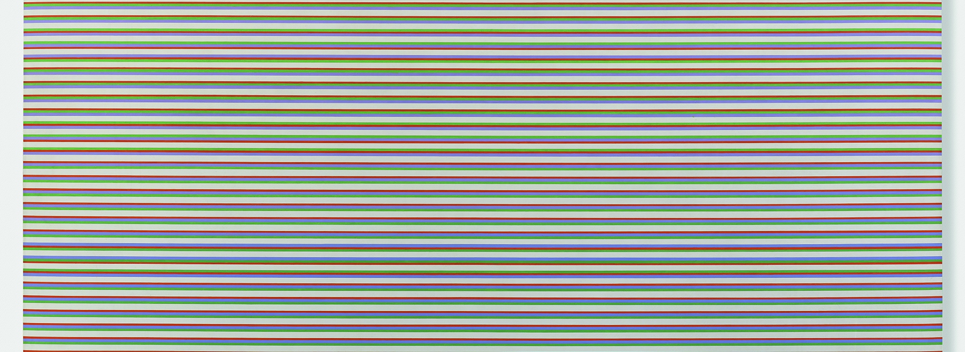 An abstract oil painting of irregularly repeating horizontal lines in cream, green, lilac and orange.