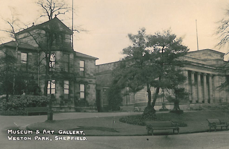 An old sepia toned photograph of Weston Park Museum. In the bottom left corner, in white pen, is the text 'Museum and art gallery, Weston Park Sheffield'. 