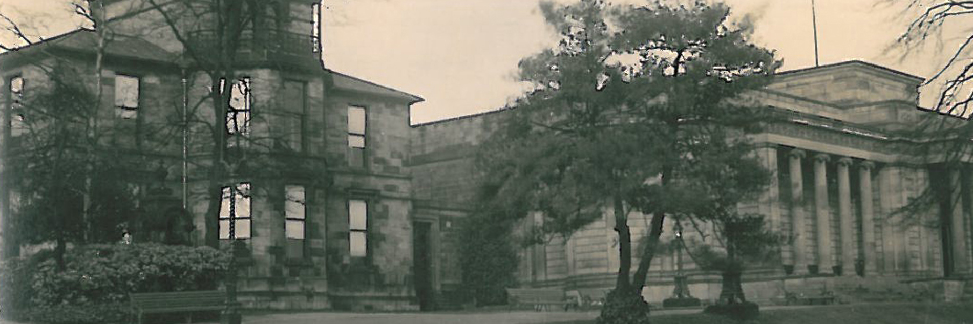 An old sepia toned photograph of Weston Park Museum. In the bottom left corner, in white pen, is the text 'Museum and art gallery, Weston Park Sheffield'. 